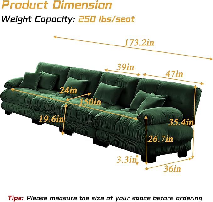 Modular Sectional Sofa, Comfy Cloud Couch 4 Seater Couch, Sectional Couches for Living Room, Modern Chenille Oversized Couches for Bedroom, Sleeper Deep Seat Sofa with Throw Pillows, Green