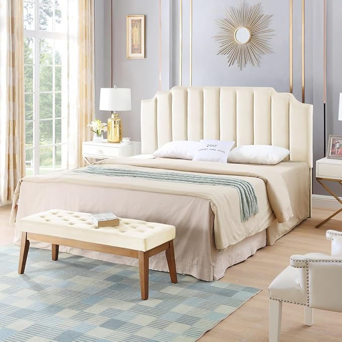 24KF Cream Velvet Tufted King Upholstered Headboard, Modern Vertical Channel Design California King Headboard with Stepped Silhouette Top Edge,Cream