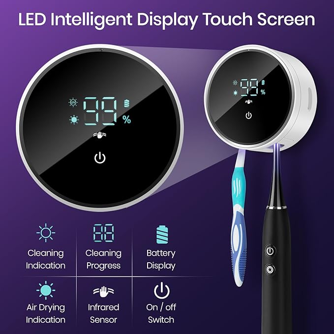 Toothbrush Holder and Cleaner for Bathroom,Minimalist Desktop and Wall Mounted Electric Toothbrush Razor Holder, Automatic Open Close Cover, Clean, Dry for Home Business Travel