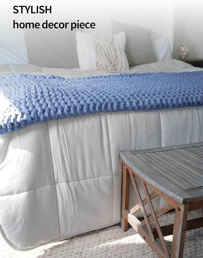 YnM Chunky Throw Blanket, Medium-Weight, Hand Knitted with Chenille Yarn, Skin Friendly, Ventilated and Breathable, Machine Washable, Home Décor Piece for Couch Sofa and Bed (Chambray Blue 80x87 Inch)