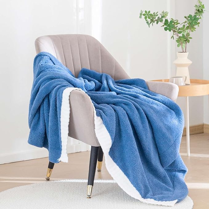 Soft Fuzzy Throw Blanket - Blue Cozy Warm Knit Fluffy Plush, Lightweight & Breathable, Throw for Bed, Chair, Sofa, Couch, Outdoor, 60"X80", Oeko-TEX Certified