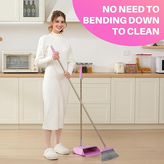 JOYMOOP Pink Broom and Dustpan Set with 56” Handle, Upright Angle with Built-in Comb Teeth for Hardwood Floors and Pet Hair