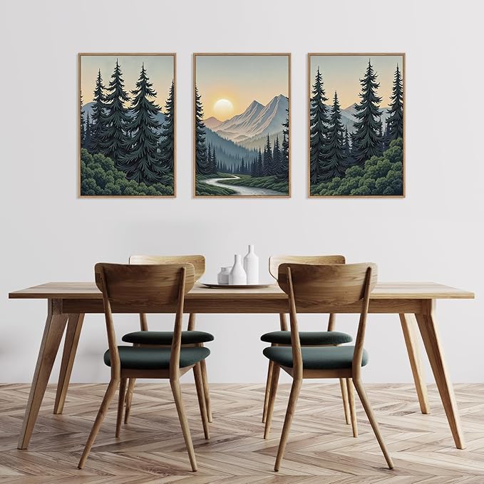 HLNIUC Mountain Forest Sun Framed Wall Art,Large Boho Pine Tree Canvas Wall Decor Set of 3(16”x24”)Ridge Mountain Landscape Picture Prints,Natural Sunset Woodland Wall Painting for Living Room,Bedroom