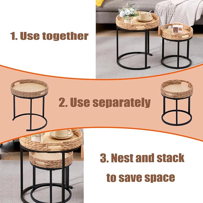Nesting Coffee Table, Small Round Stacking Side Table with Metal Frame, Modern End Table for Living Room Bedroom Office Balcony (Rattan, 1)