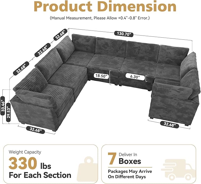 Modular Sectional Sofa with Chaise U Shaped Sectional Couch for Living Room, 7-Seater Comfy Cloud Couches, Plush Corduroy, Gray