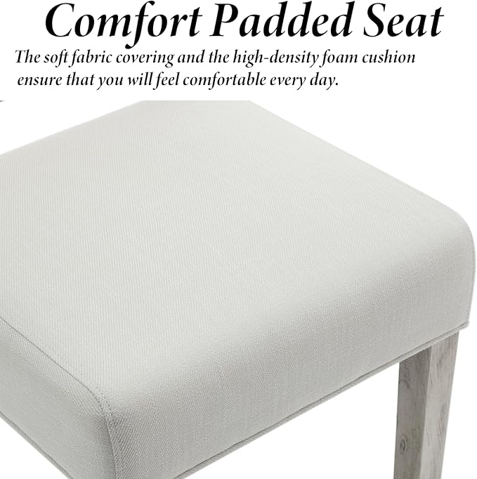 Kmax Farmhouse Dining Chairs Set of 2, Rustic Kitchen Chairs with Linen Fabric Seat and Woven Back, Vintage Accent Chairs for Dining Room, Living Room, Ivory