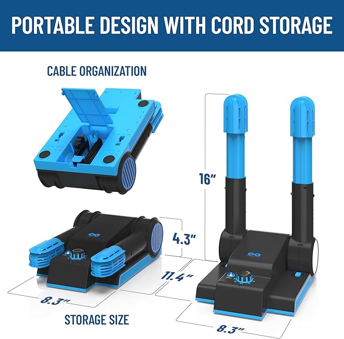 Foldable & Compact Boot Dryer & Boot Warmer with Timer, Fast 2-Hour Drying, Heavy-Duty Shoe Dryer for Work Boots, Sneakers, Gloves, Helmets & more – 2 Tube Design Everlasting Comfort