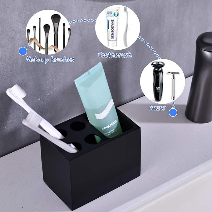 Resin Black Toothbrush Holder JINCROP, 5 Slots Toothbrush Holder Matte Black Bathroom Storage Stand Dispenser Organizer Set for Toothbrushes, Make-up Brushes and More, (Matte Black)
