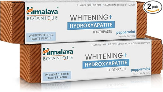 Himalaya Botanique Whitening + Hydroxyapatite Toothpaste, Peppermint - Nano Hydroxyapatite to Support Remineralization and Restore Enamel, Appropriate for Sensitive Teeth - Gluten Free, 4 oz, 2 Pack
