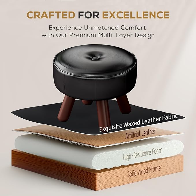 13in Small Foot Stool Ottoman, Round Faux Leather Foot Rest, Footstool Ottomans with Rubber Legs Under Desk, Footrest for Couch, Living Room, Bedroom, Office, 13''L x 13''W x 10.2''H, Black