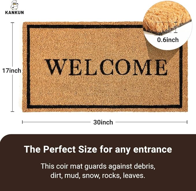 KANKUN Coco Coir Door Mat with Heavy Duty Backing, Welcome Doormat (17" x 30"), Doormat Entrance (Welcome2)