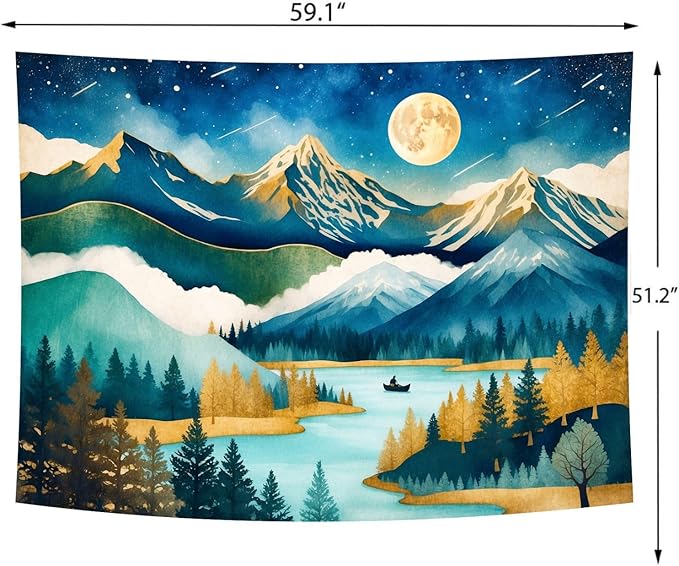 Delur Mountain Tapestry Boho Moon Stars Starry Night Tapestry Wall Hanging Forest Tree Nature Landscape Psychedelic Headboard for Bedroom Living Room Home Decor (51.2" x 59.1")