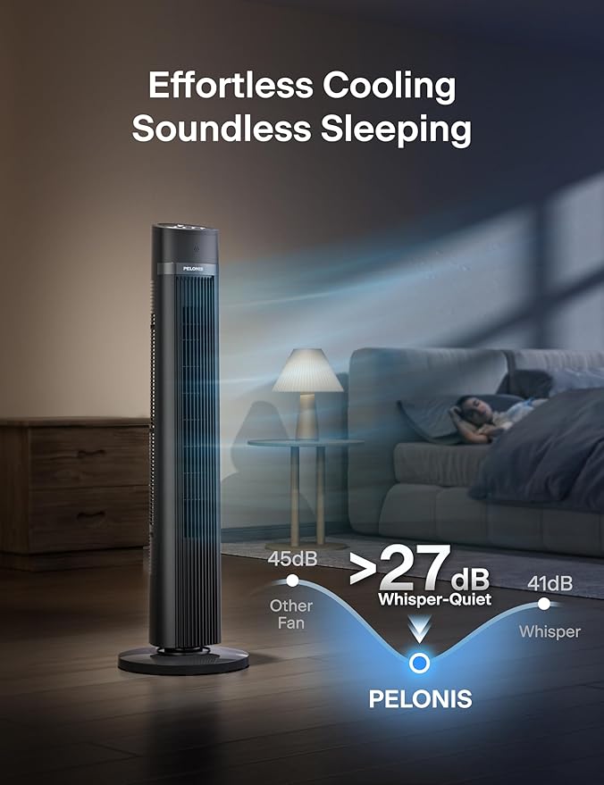 PELONIS 40 inch Bladeless Tower Fan for Bedroom, Standing Fan with Remote Control, 26ft/s, 90Β° Oscillation, 3 Speed Settings, 27 Db, 3 Modes, 15-Hour Timer, LED Display, Fan that Blows Cold Air, Grey