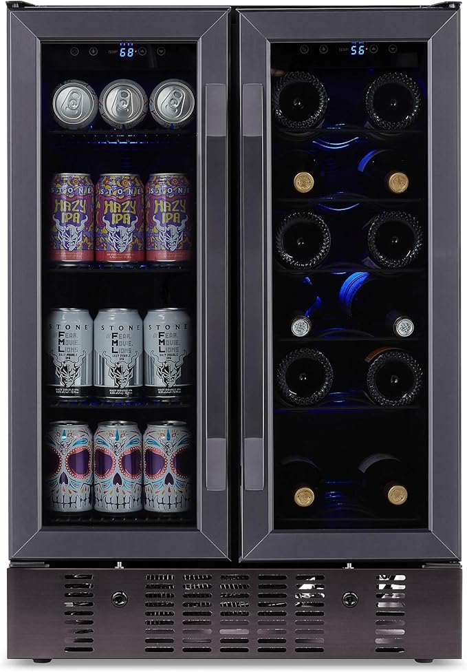 NewAir 24" Dual Zone Wine and Beverage Refrigerator, 18 Bottle & 58 Can, French Door Built-In Fridge with Lock, Black Stainless Steel Cooler, Digital Thermostat, Adjustable Shelves