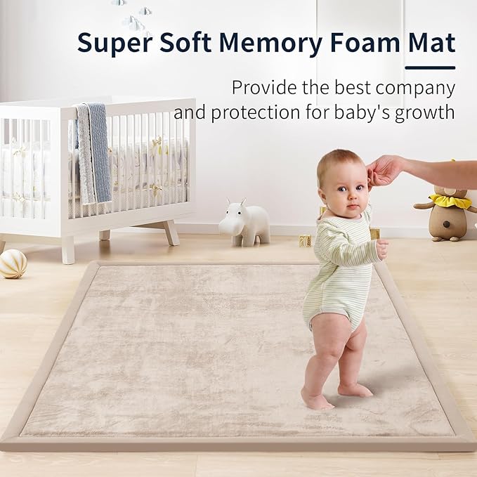 ACOMOPACK Baby Play Mat for Floor 1.3" Thick Memory Foam Play Mat 71"×79" Tummy Time Crawling with Non-Slip Bottom for Living Room,Nursery,Soft Velvet Playpen Mats for Kids,Infants(Beige)
