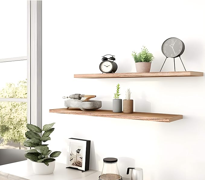 Wood Floating Shelves for Wall, Rustic Wall Shelves for Bedroom, Wall Mounted Floating Shelf, Set of 4 Light Walnut 36 Inch