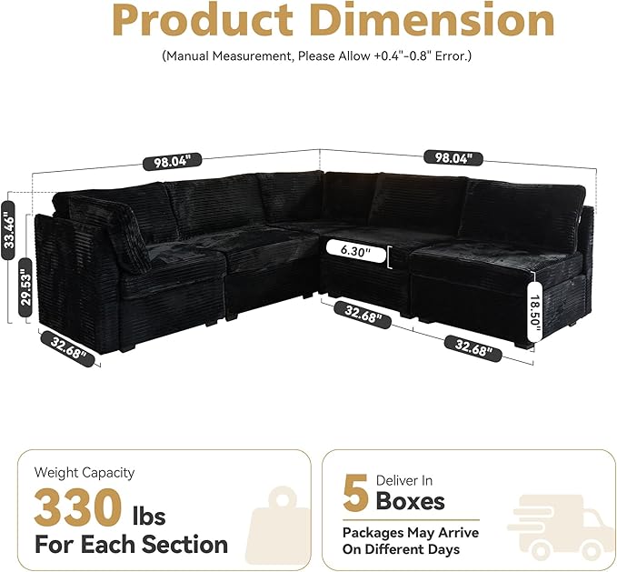 Modular Sectional Sofa with Chaise U Shaped Sectional Couch for Living Room, 5-Seater Comfy Cloud Couches, Plush Corduroy, Black