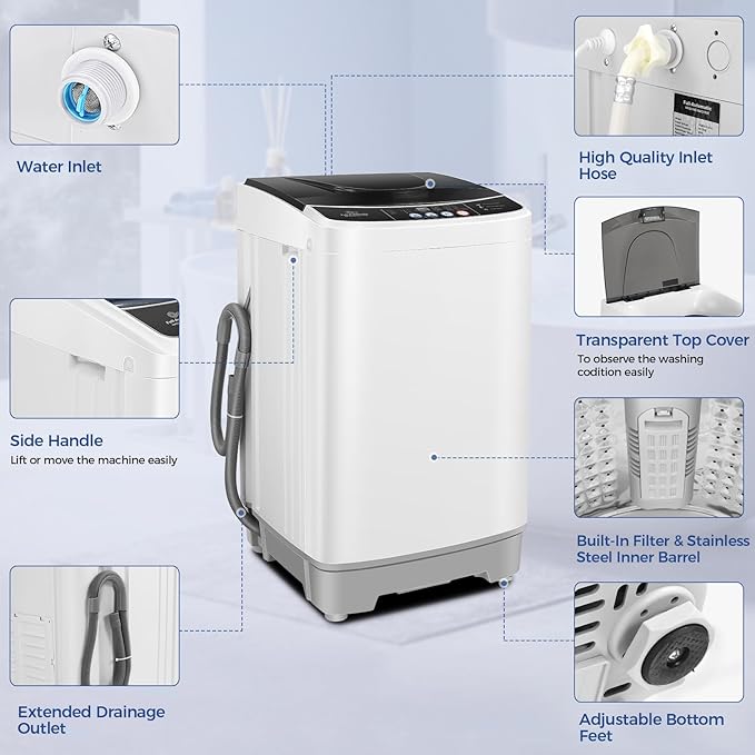 Nictemaw Portable Washing Machine 15.6Lbs Capacity Portable Washer with Drain Pump 2.1Cu.ft Full-Automatic Compact Washer with 10 Programs 8 Water Level for Home, Apartment, RV, Dorms