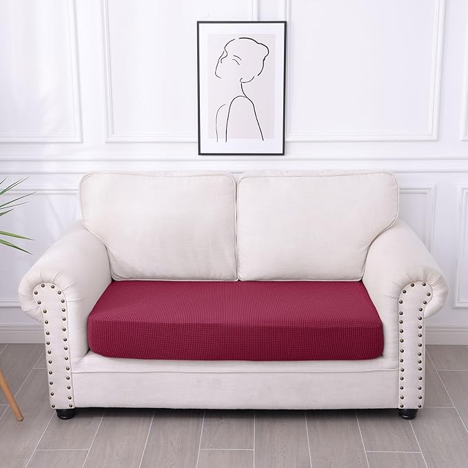 hyha Waterproof Couch Cushion Covers for Pets, Non Slip Sofa Seat Cover for Dogs Washable, Soft Thick Stretch Jacquard Fabric, Sofa Slipcovers with Elastic Bottom (1 Piece for Medium, Wine Red)