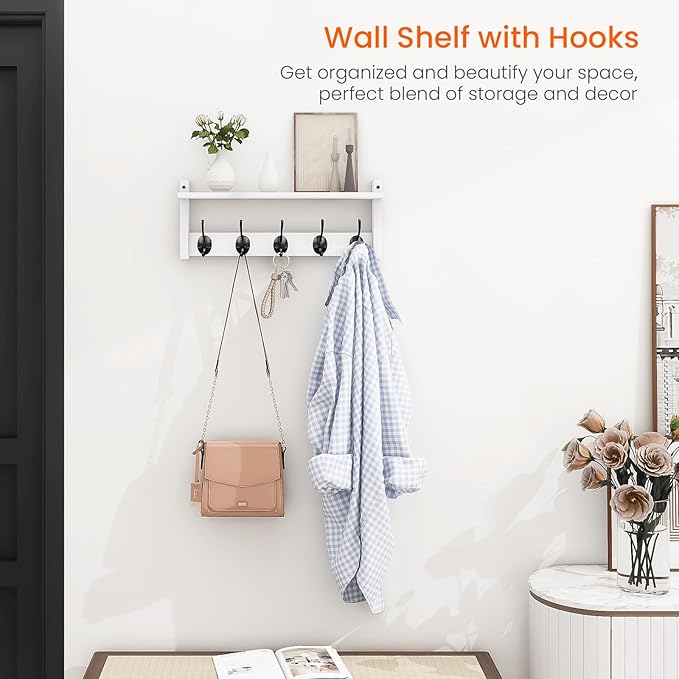 Homode Wall Shelf with Hooks, Coat Rack Wall Mount with Pegs, Hanging Entryway Coat Hanger, Wood and Iron Shelf for Bathroom, Hallway, Bedroom, White