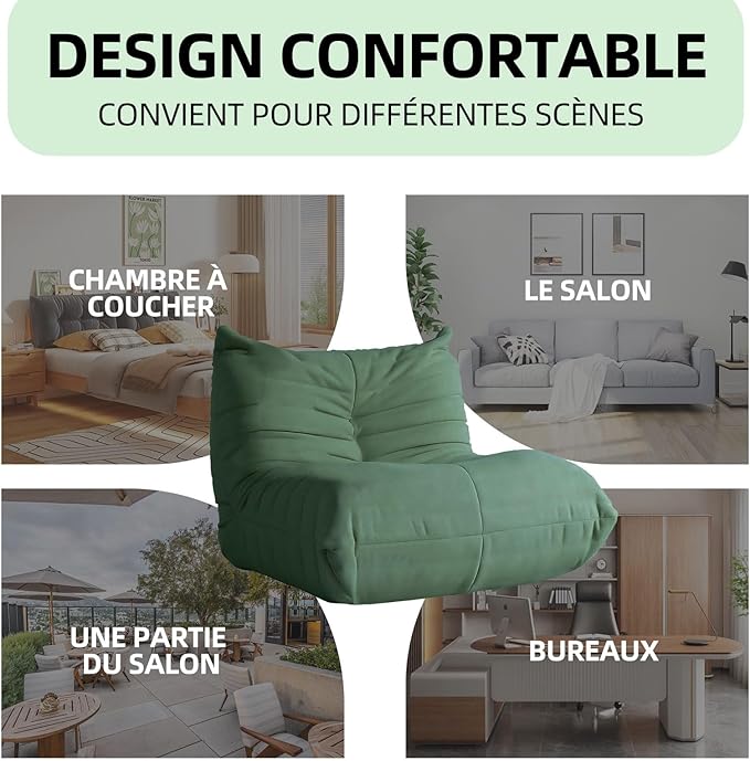 Modern Living Room Chair, Big Bean Bag Adult Floor Sofa, Togo Recliner Memory Foam Lazy Couch Suitable Balcony for Fireside Chair (Green)
