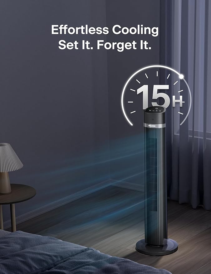 PELONIS 40 inch Bladeless Tower Fan for Bedroom, Standing Fan with Remote Control, 26ft/s, 90Β° Oscillation, 3 Speed Settings, 27 Db, 3 Modes, 15-Hour Timer, LED Display, Fan that Blows Cold Air, Grey