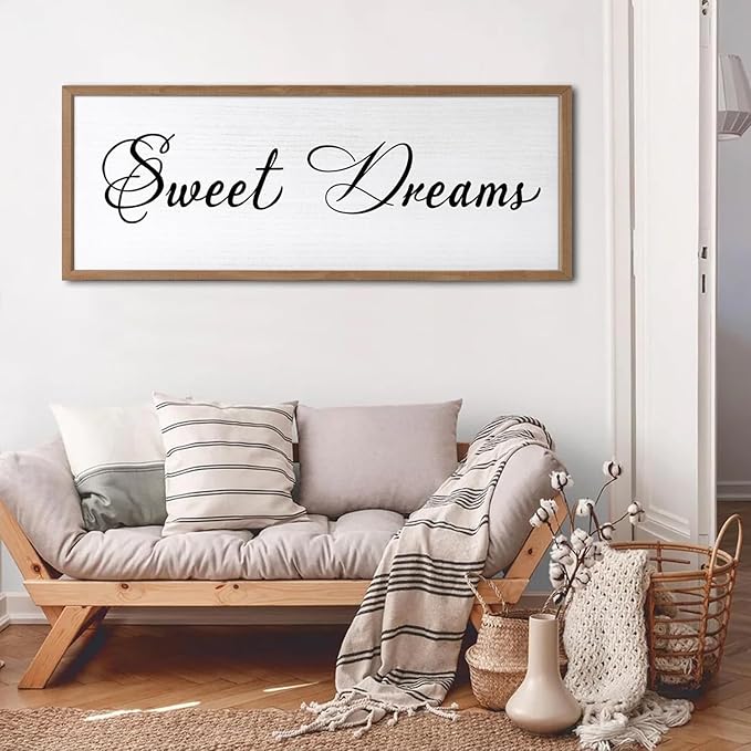 Sweet Dreams Wall Decor Above Bed 40x15 Inch Large Master Bedroom Hanging Wood Rustic Framed Farmhouse Sweet Dreams Sign Guest Room Aesthetic And Minimalist Over Bed Wall Art(Wood White)