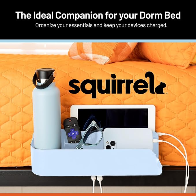 Squirrel-Bedside Perch, Floating Organizer with USB-C & A Charging Ports, Great Bedside Shelfie, Gift for teens and college freshman, for Gamers, Dorm room gifts. Assembly in 1 minute. Light Blue