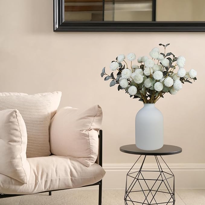 White Faux Flowers for Vase - Kiku 10 Stems & Eucalyptus, Fake Flowers Stems for Pottery Vase, Realistic Artificial Flowers, Pom Pom Balls for Aesthetic Room Decor, Floral Arrangements Centerpiece