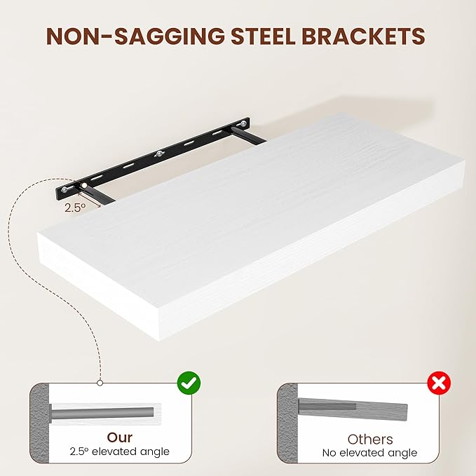 White Floating Shelves for Wall, 48 Inch X 12 Deep Shelves for Room Wall Mounted,2" Thick Heavy Duty Holds 75lbs Floating Shelf for Bedroom Bathroom Kitchen Laundry Room, Set of 2