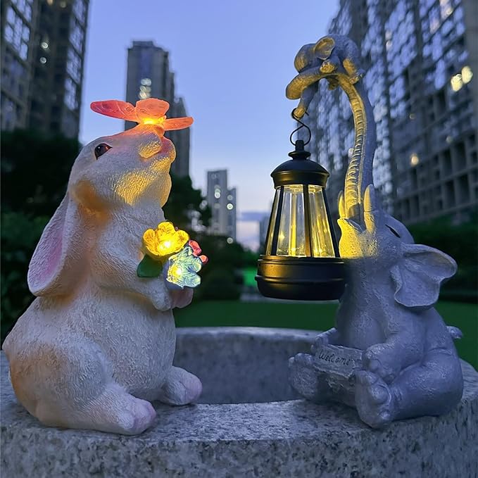Solar Garden Statues Outdoor Decor- Yard Decorations for Patio, Balcony, Backyard, Lawn Ornaments - Elephants Figurines with LED Light- Unique Birthday House Warming Gifts for Women, Mom, Grandma