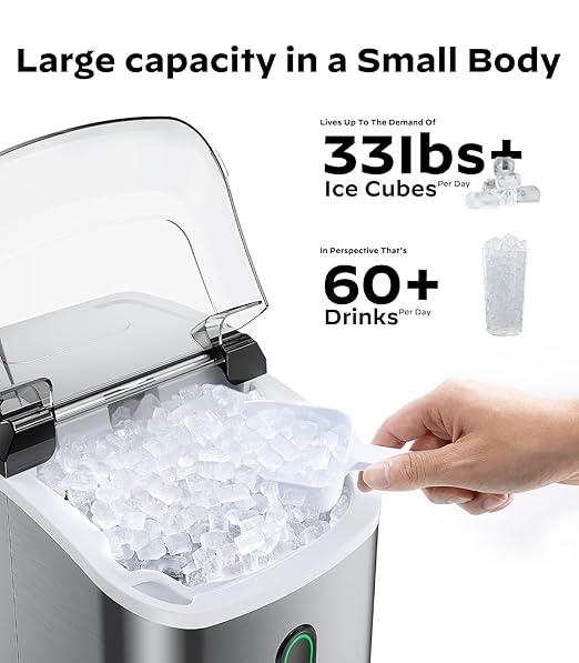 Silonn Nugget Ice Maker Countertop, Pellet Ice Machine with Self-Cleaning Function, Sonic Ice Maker Produces 33lbs of Chewable Ice in 24 Hours, Ideal for Home Kitchen and Office, Stainless Steel