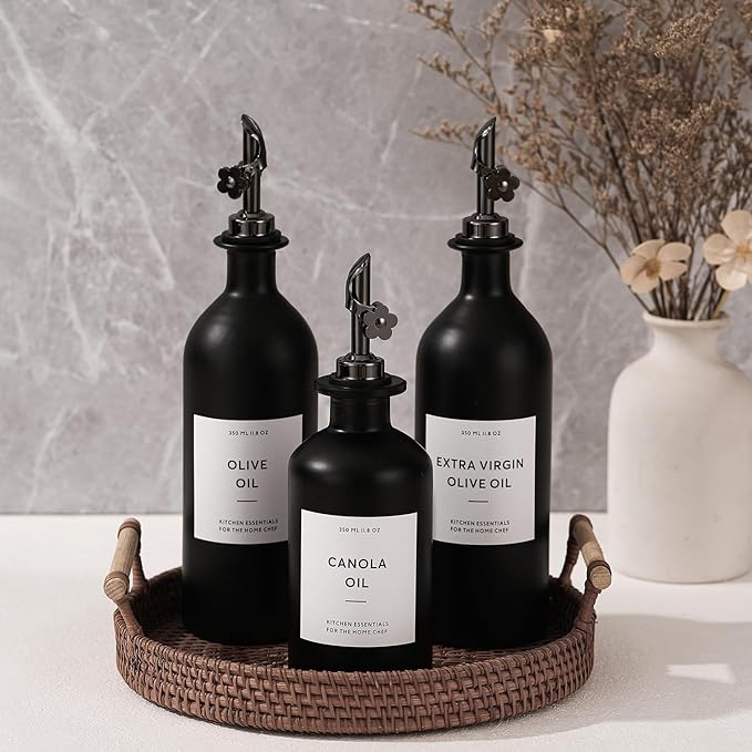 HOMCDALY Olive Oil Dispenser for Kitchen, 16oz Glass Oil Bottles with Bamboo Tray, Black Oil&Vinegar Cruet Set, Kitchen Dispenser Bottles with Pourer | Set of 2 (16oz – Black)