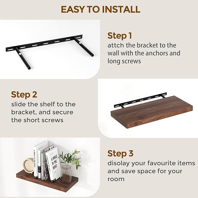 Floating Shelves 48 Inch Long, 48"W x 9"D Wall Shelf Invisible Bracket, 9 Inch Deep Floating Shelf for Wall, Rustic Wooden Shelves for Living Room, Kitchem, Bedroom, Walnut Color, Set of 1