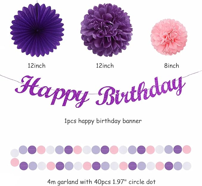 Purple Pink Birthday Party-Decorations Paper-Flowers - 14pcs Happy Banner Lavender Lanterns Tissue Pom Poms,Lilac Streamers Garland Fans Honeycomb,Women Girls Adult Kids Hanging Supplies Decor Hugfond