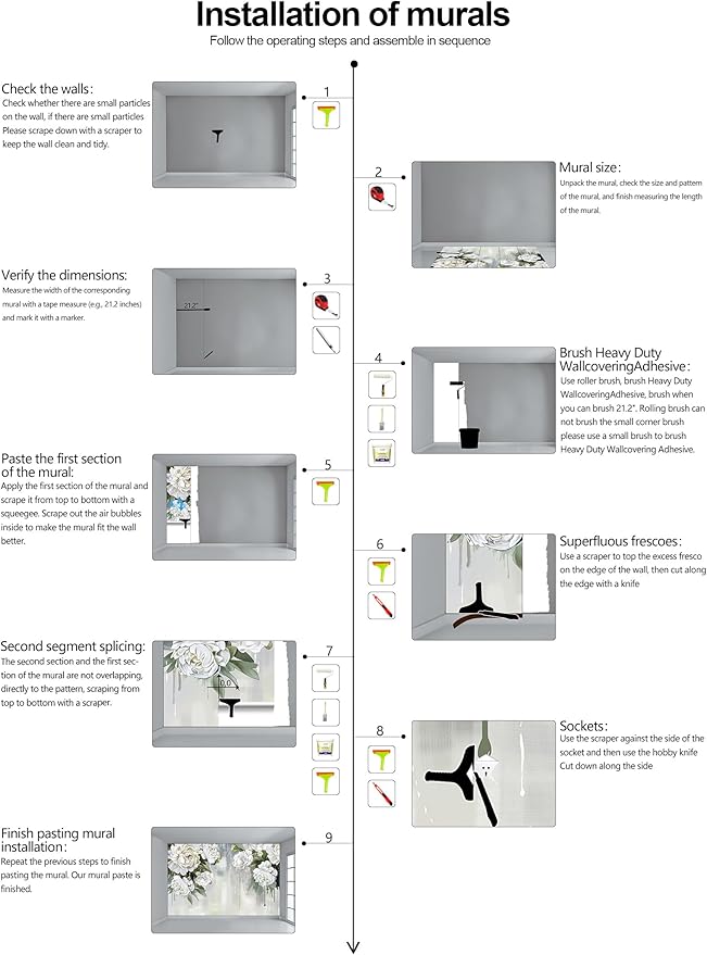 Vintage Floral Wallpaper Bedroom Hand-Painted White Peonies Flowers Wall Mural Children's Room (Not Peel and Stick)