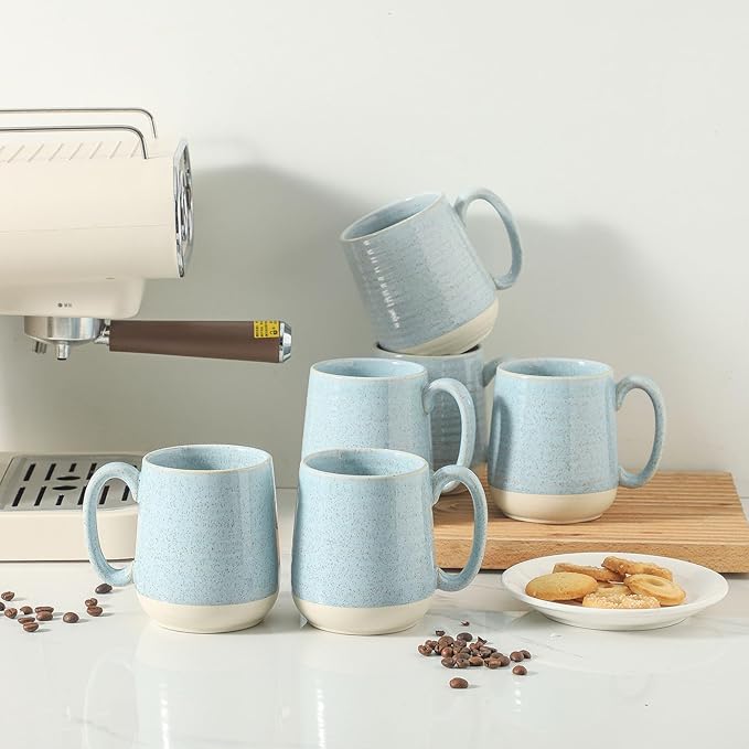 Hasense Porcelain Coffee Mugs Set of 6, 15 Ounce Large Ceramic Coffee Cups Set with Handle for Latte, Tea, Cocoa and Hot Chocolate, Sky Blue Coffee Mugs for Men and Women, Microwave Safe