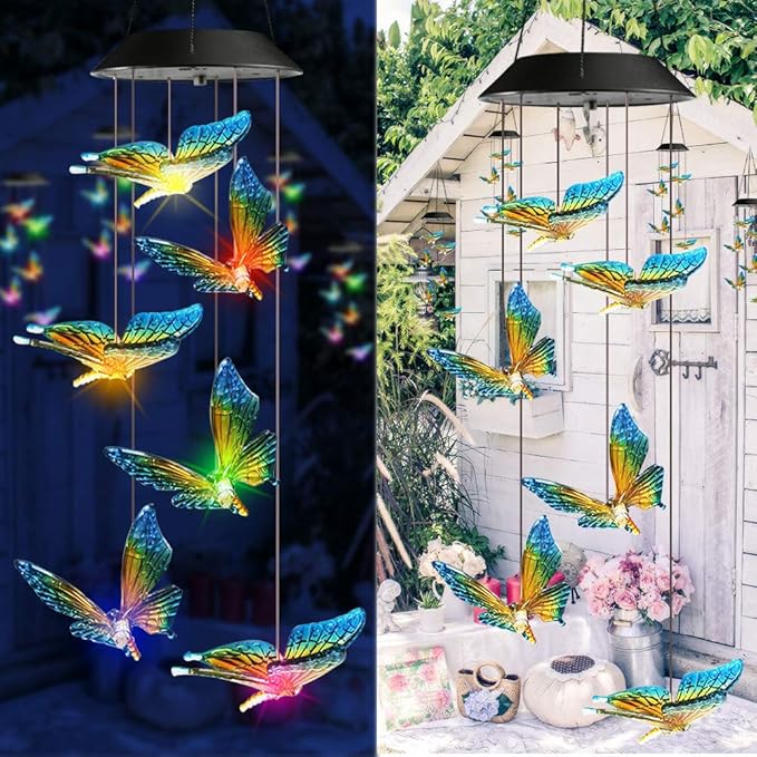 Toodour Solar Wind Chime, Color Changing Wind Chimes Butterfly, LED Decorative Mobile, Gifts for Mom Grandma, Waterproof Outdoor Decorative Lights for Garden, Patio, Yard, Window, Outdoor Decor