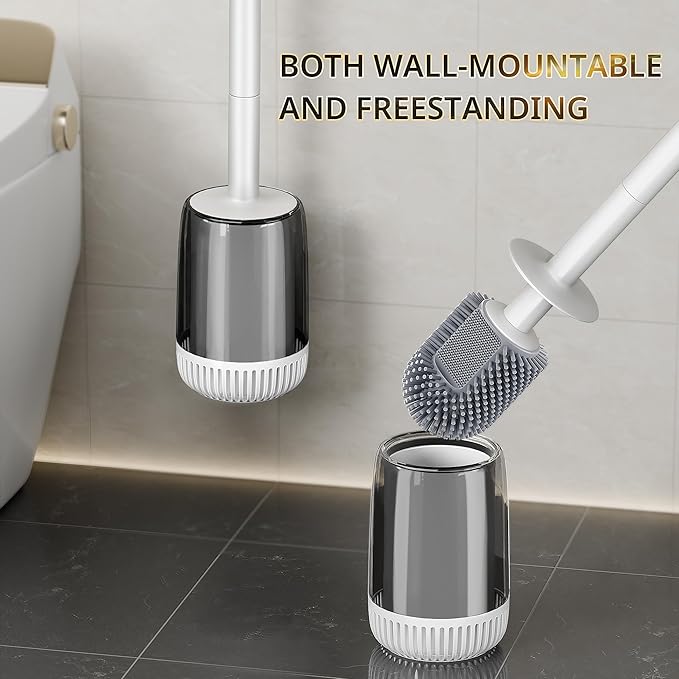 Silicone Toilet Brush and Holder Set with L-Shaped Brush Head, Wall Mounted Toilet Brush Set with Long Non-Slip Handles, Compact Toilet Bowl Cleaner Brush Suitable for RV Trailers & Bathroom (1 Pack)