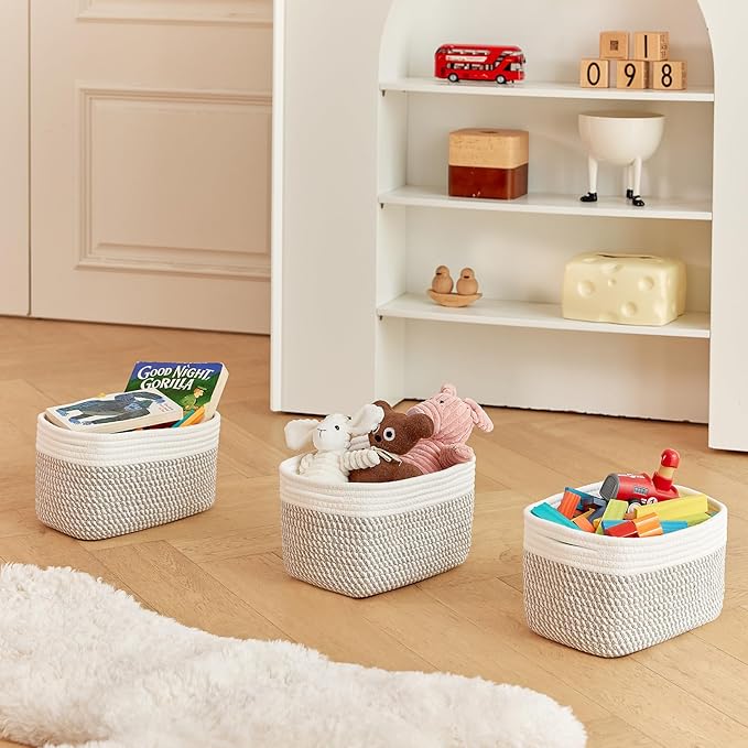 Small Cotton Rope Storage Basket Set of 3-11"x7"x7" Perfect Woven Baskets for Storage, Ideal Storage Baskets for Organizing Toys, Towels, and More - Baskets for Shelves(White & Mixed Grey)