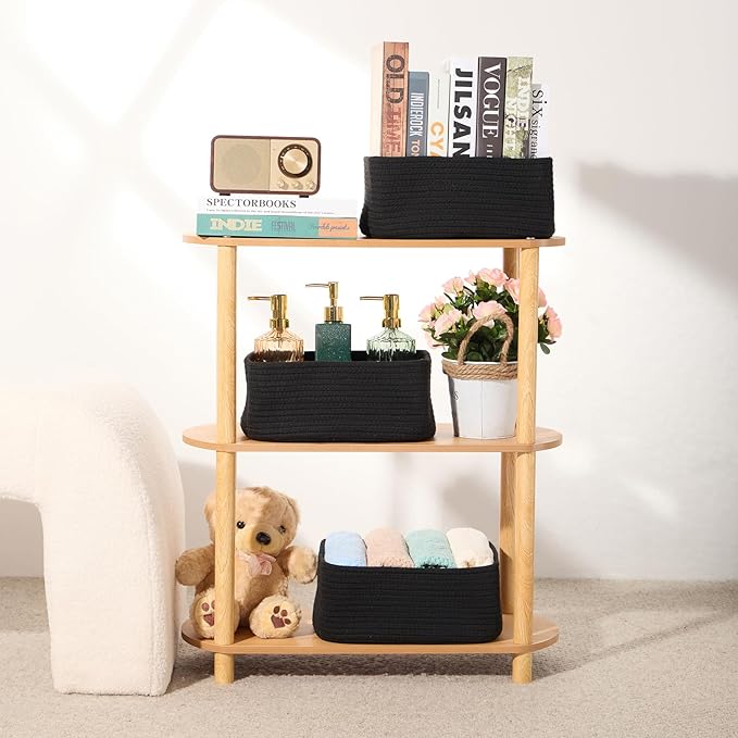 Small Storage Baskets for Organizing | Closet Organizer Bins | Shelf Toy Basket | Woven Rope Baskets | Cube Decorative Box | Shallow Basket | 11.5x7.5x4.7” | 4 Packs Black
