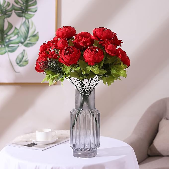 Duovlo Springs Flowers Artificial Silk Peony Bouquets Wedding Home Decoration,Pack of 1 (Spring Red)