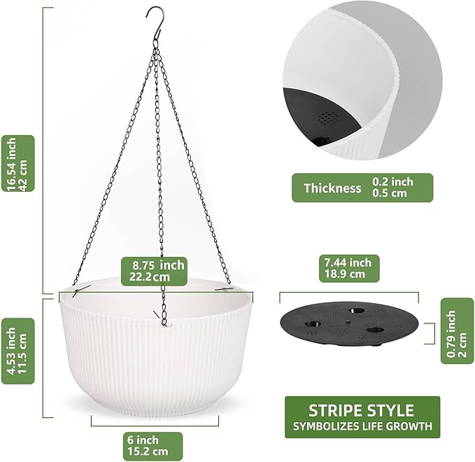 Dexceder 8.75 Inch Self Watering Hanging Planters Indoor Outdoor, Thickened Hanging Basket Flower Plant Pot (2 Pack, White)