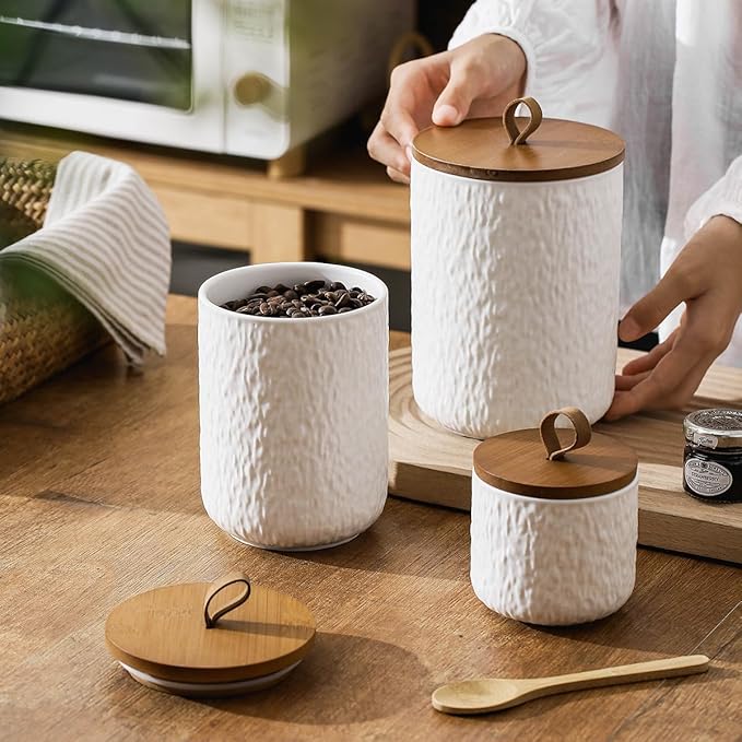 Kitchen Canisters for Countertop, Ceramic Coffee Canisters with Airtight Lids Food Storage Jars Sugar Container for Kitchen Counter Tea, Coffee Beans, Spice (#001White-9oz/260ml)