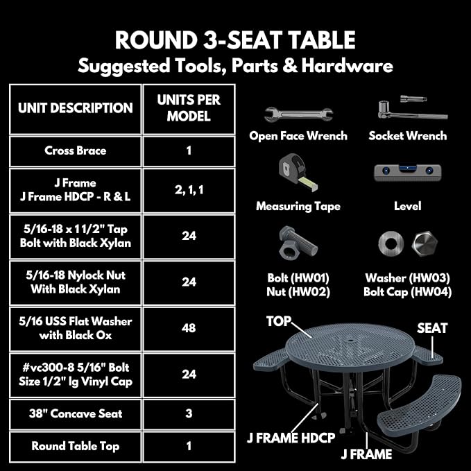 Heavy-Duty Portable Outdoor Picnic Table with Umbrella Hole, Expanded Metal Patio Dining Furniture Made in America (46" Round Top, Orange)