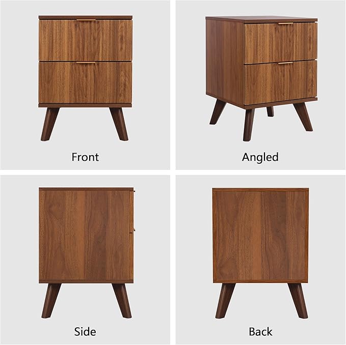 Fluted Nightstand Set of 2, Mid Century Modern 2 Drawer Dresser for Bedroom, Small Dresser Night Stand Side Table End Table with Wood Fluted Drawer Storage for Bedroom Closet(Walnut)