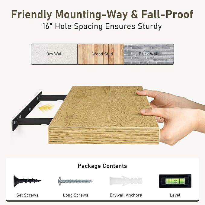 Fun Memories 36 x 8 Inch Floating Shelves for Wall, Farmhouse Bathroom Shelves Set of 2, Wood Wall Shelves 36 Inch Long, 36 x 8 x 1.4 Inch, Oak Color