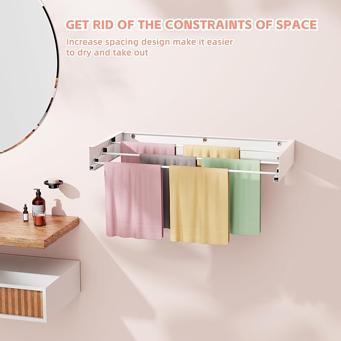 Wall Mounted Drying Rack for Laundry 19.8'', Folding Drying Rack Clothing Wall Mount with 3 Rods, Space Saving for Indoor Outdoor Bathroom Balcony (White, 19.8'')