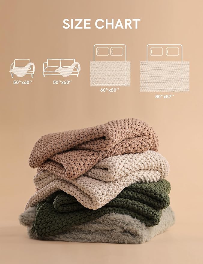 YnM Chunky Cotton Knit Throw Blanket, Cable Knit Throws for Bed Couch Sofa, Comfy & Relaxing, Decorative Piece for Farmhouse Modern Boho Rustic Scandinavian Chic Vibe, Pine Green 80x87 Inches