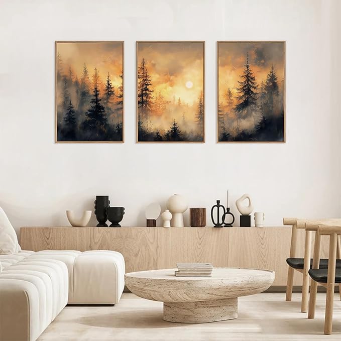 HLNIUC Golden Sunshine Forest Framed Canvas Wall Art,Foggy Forest Pine Tree Wall Decor,Large Sunset Landscape Art Print,Natural Misty Mountain Forest Wall Painting for Living Room,Bedroom - 16”x24”x3